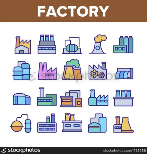Factory Industrial Collection Icons Set Vector Thin Line. Factory, Truck Terminal, Power Station Chimney, Mine, Warehouse And Greenhouse Concept Linear Pictograms. Monochrome Contour Illustrations. Factory Industrial Collection Icons Set Vector