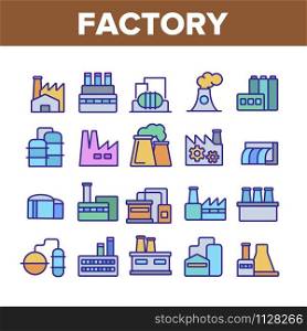 Factory Industrial Collection Icons Set Vector Thin Line. Factory, Truck Terminal, Power Station Chimney, Mine, Warehouse And Greenhouse Concept Linear Pictograms. Monochrome Contour Illustrations. Factory Industrial Collection Icons Set Vector