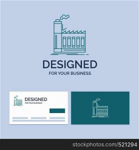 Factory, industrial, industry, manufacturing, production Business Logo Line Icon Symbol for your business. Turquoise Business Cards with Brand logo template. Vector EPS10 Abstract Template background