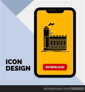 Factory, industrial, industry, manufacturing, production Glyph Icon in Mobile for Download Page. Yellow Background. Vector EPS10 Abstract Template background