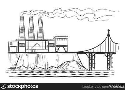 Factory industrial landscape. Factory industrial landscape with bridge engraving vector illustration