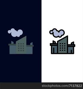 Factory, Industry, Landscape, Pollution Icons. Flat and Line Filled Icon Set Vector Blue Background