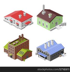 Factory industry manufactory production technology buildings isometric decorative icons set isolated vector illustration.
