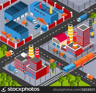 Factory infrastructure isometric design template with plant buildings and transportation system vector illustration. Factory Infrastructure Isometric