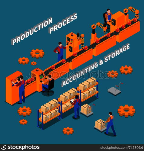 Factory isometric background with workers at their workplace on conveyor and in storage of production vector Illustration