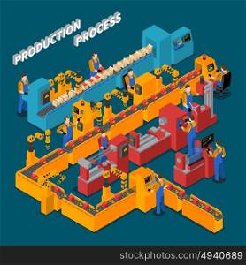 Factory Isometric Composition . Factory isometric composition with production process symbols on blue background vector illustration
