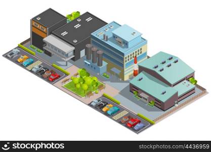 Factory Isometric Composition. Isometric factory composition with warehouse manufacture and office buildings and parking with cars vector illustration