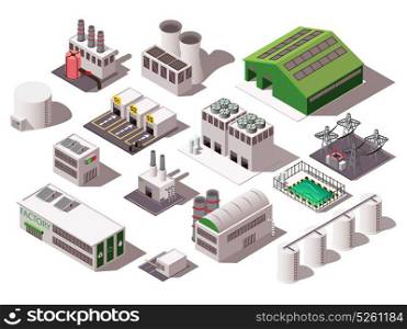 Factory Isometric Set. Colorful isometric set with various factory buildings isolated on white background 3d vector illustration