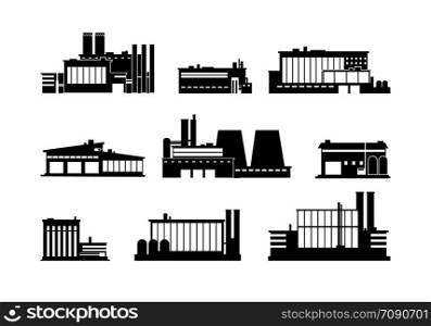 Factory, manufacturing plant and warehouse black silhouette icons isolated. Factory construction building, production and manufacturing, vector illustration. Factory, manufacturing plant and warehouse black silhouette icons isolated