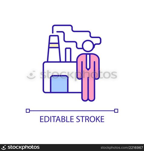 Factory owner RGB color icon. Executive director and businessperson. Manufacture worker. Enterprise manager. Isolated vector illustration. Simple filled line drawing. Editable stroke. Arial font used. Factory owner RGB color icon