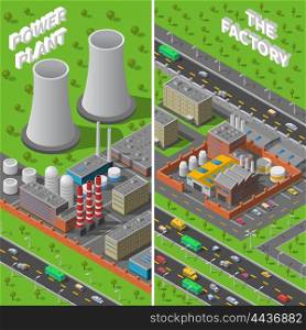 Factory Plant Industrial Isometric vertical Banners . Industrial area 2 vertical isometric banners composition with factory and power plant wide chimneys abstract vector illustration