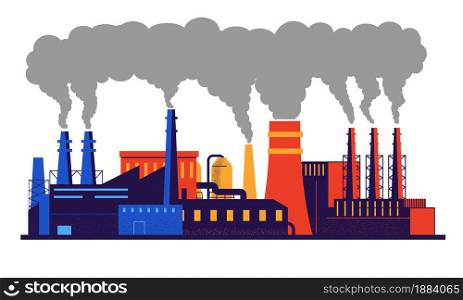Factory pollution. Carbon dioxide and smoke emission from industrial pipes. Climate warming and environmental contamination with toxic chemicals. Isolated plant buildings. Vector cityscape template. Factory pollution. Carbon dioxide and smoke emission from industrial pipes. Warming and environmental contamination with toxic chemicals. Isolated plant buildings. Vector cityscape
