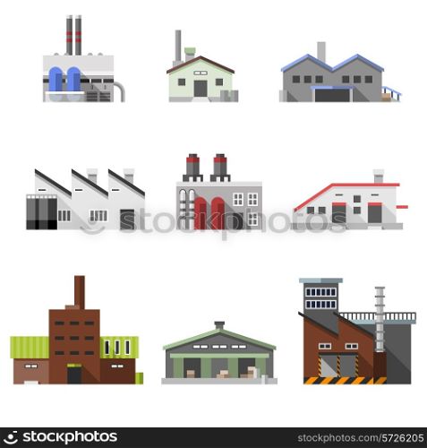 Factory power electricity industry manufactory buildings flat decorative icons set isolated vector illustration