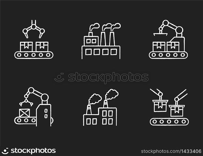 Factory production chalk white icons set on black background. Plant conveyor belt with cardboard boxes. Automated factory packaging. Merchandise package. Isolated vector chalkboard illustrations. Factory production chalk white icons set on black background