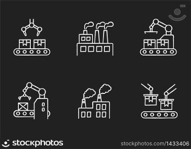 Factory production chalk white icons set on black background. Plant conveyor belt with cardboard boxes. Automated factory packaging. Merchandise package. Isolated vector chalkboard illustrations. Factory production chalk white icons set on black background