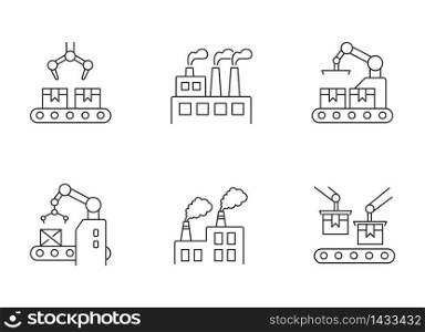 Factory production pixel perfect linear icons set. Plant conveyor belt with boxes. Merchandise package. Customizable thin line contour symbols. Isolated vector outline illustrations. Editable stroke. Factory production pixel perfect linear icons set