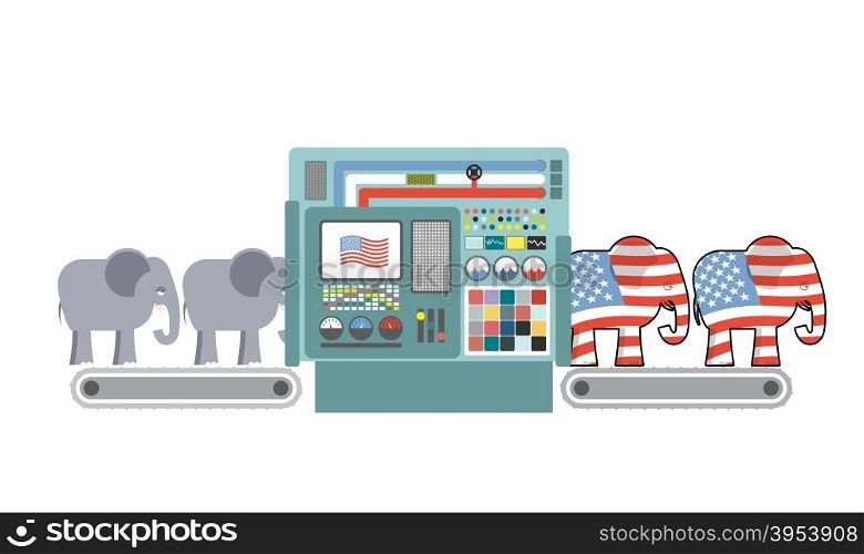Factory Republican America. Republican Elephant. Republicans production. Political automated line for industry. Production of elephants for USA political party. Machine for production of electorate