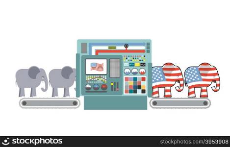 Factory Republican America. Republican Elephant. Republicans production. Political automated line for industry. Production of elephants for USA political party. Machine for production of electorate