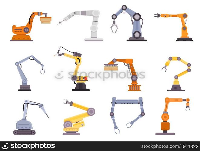 Factory robot arms, manipulators and cranes for manufacture industry. Flat mechanic control tool, automation technology equipment vector set. Production machinery hand, innovative loader. Factory robot arms, manipulators and cranes for manufacture industry. Flat mechanic control tool, automation technology equipment vector set