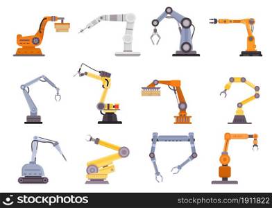 Factory robot arms, manipulators and cranes for manufacture industry. Flat mechanic control tool, automation technology equipment vector set. Production machinery hand, innovative loader. Factory robot arms, manipulators and cranes for manufacture industry. Flat mechanic control tool, automation technology equipment vector set