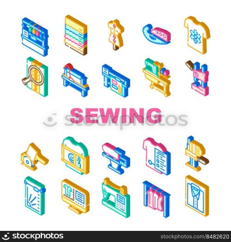 factory sewing sew machine icons set vector. tailor fabricthread, textile fashion, needle industry, needlework, woman seamstress factory sewing sew machine isometric sign illustrations. factory sewing sew machine icons set vector