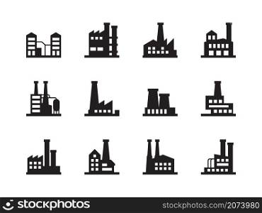Factory silhouettes. Manufacture industrial plant chemical production air pollution garish vector symbols. Production and manufacturing, construction manufacture illustration. Factory silhouettes. Manufacture industrial plant chemical production air pollution garish vector symbols