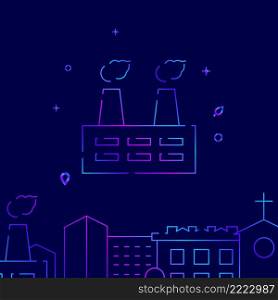 Factory, smoke plant gradient line vector icon, simple illustration on a dark blue background, cityscape buildings related bottom border.. Factory, smoke plant gradient line icon, buildings vector illustration