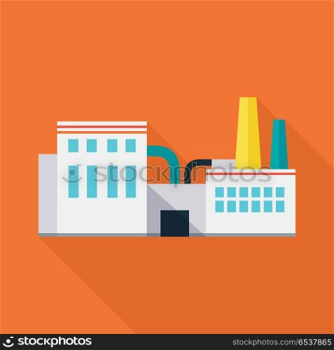 Factory vector illustration in flat style. Plant picture for ecological, business conceptual banners, web, app, icons, infographics, logotype design. Isolated on orange background. . Factory Vector Illustration in Flat Design. . Factory Vector Illustration in Flat Design.