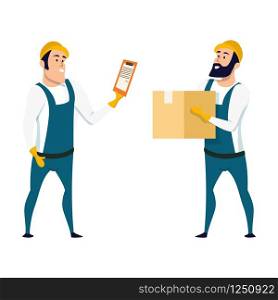 Factory Warehouse Worker Checking Box with List. Two Smiling Storage Male Engineer Character Wearing Overall Uniforn and Hard Hat. Man Holding Cardboard Box. Flat Cartoon Vector Illustration. Factory Warehouse Worker Checking Box with List