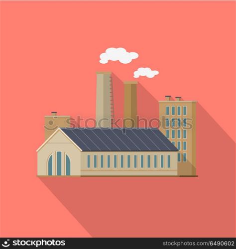 Factory with Long Shadow in Flat Style. Manufacturer. Factory with long shadow in flat style. Industrial factory building concept. Manufacturing plant building. Power electricity industry manufacturer icon. Manufacturer production technology. Vector
