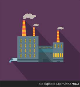 Factory with Long Shadow in Flat Style. Manufacturer. Factory with long shadow in flat style. Industrial factory building concept. Manufacturing plant building. Power electricity industry manufacturer icon. Manufacturer production technology. Vector