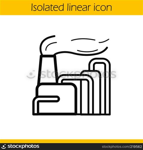 Factory with smoke linear icon. Thin line illustration. Industrial air pollution contour symbol. Vector isolated outline drawing. Factory with smoke linear icon