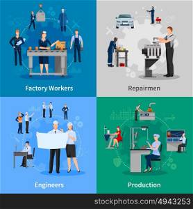Factory Workers 2x2 Compositions. Colorful 2x2 compositions with professionals at work presenting factory workers repairmen engineers and production flat vector illustration
