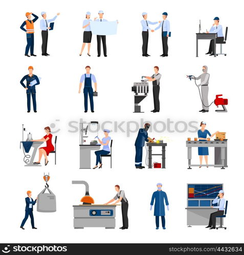 Factory Workers People Icons Set. Icons set of drawn in flat style different factory workers from engineer to conveyor operator isolated vector illustration