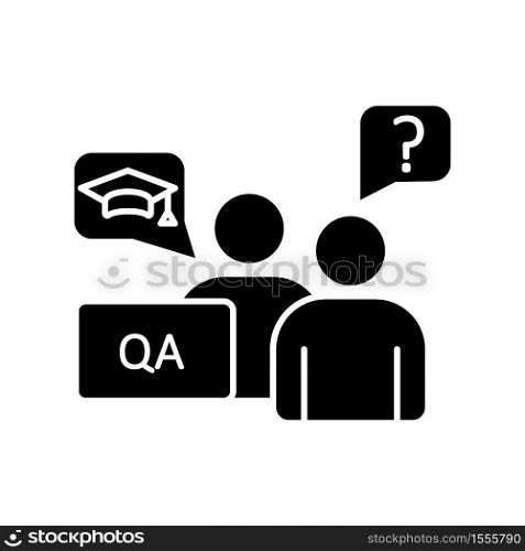 Faculty advisor black glyph icon. Academic and peer advisors. Mentors and counselors. Professors and lecturers. College enrollment. Silhouette symbol on white space. Vector isolated illustration. Faculty advisor black glyph icon