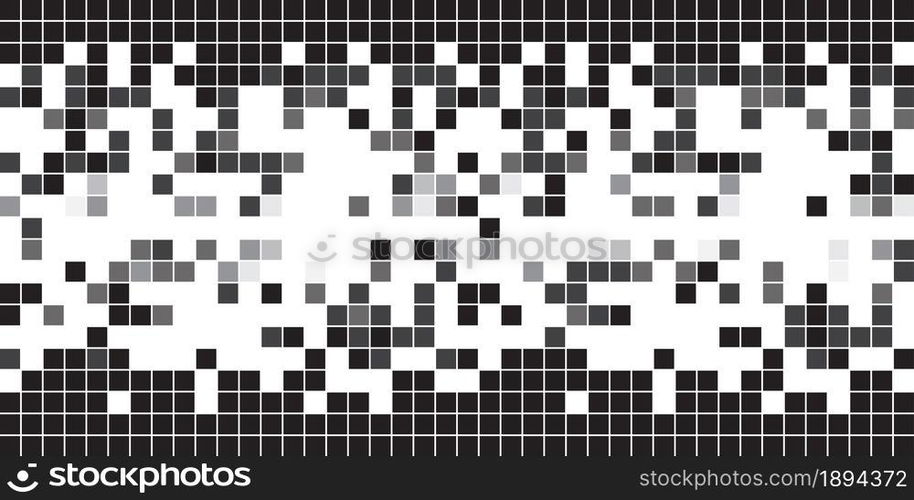 Fading greyscale border pixel pattern. Grey square tiles geometric mosaic design. Abstract vector background.