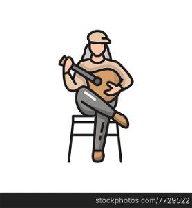 Fado Portuguese music player guitarist with guitar isolated. Vector Portugal guitarist, singer with ukulele guitar sitting singing songs. Folk music, character play on national musical instrument. Classical Fado Portuguese music player isolated