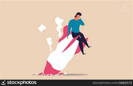 Fail entrepreneur and startup failure. Risk bankrupt and accident with business space rocket vector illustration concept. Company idea background and project start. Man launch spaceship and bankruptcy