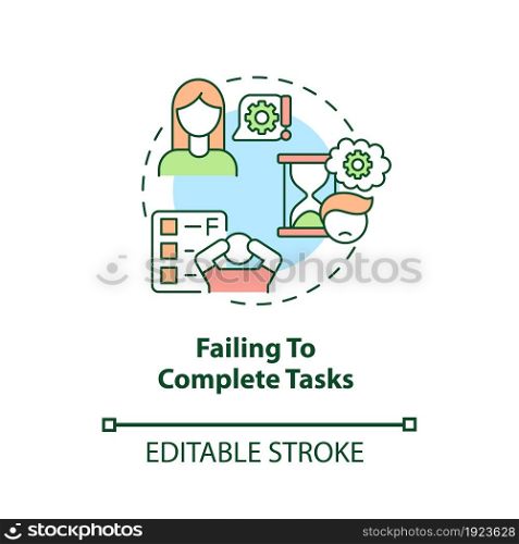 Failing to complete tasks concept icon. Inattentive symptom abstract idea thin line illustration. Lack of motivation. Willpower deficit. Vector isolated outline color drawing. Editable stroke. Failing to complete tasks concept icon