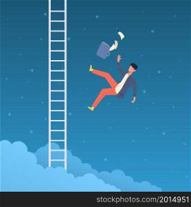 Failure and defeat. Man falling from sky. Goal too high. Failed businessman flying down stairs. Employee dismissal and bankruptcy. Financial crisis. Person loses business and jobs. Vector concept. Failure and defeat. Man falling from sky. Goal too high. Businessman flying down. Employee dismissal and bankruptcy. Financial crisis. Person loses business and jobs. Vector concept