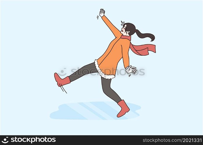 Failure and falling down concept. Young woman feeling slippery on ice in winter falling down with hands stretched trying to get balance vector illustration . Failure and falling down concept.