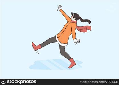 Failure and falling down concept. Young woman feeling slippery on ice in winter falling down with hands stretched trying to get balance vector illustration . Failure and falling down concept.