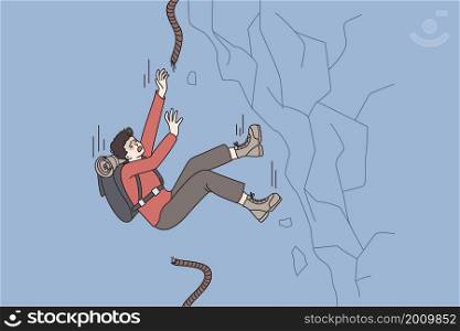 Failure and falling in sport concept. Young man alpinist with broken rope falling down aside slope feeling panic vector illustration . Failure and falling in sport concept