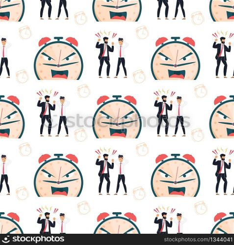 Failure Deadline Seamless Pattern. Angry Boss Yelling at Sad Depressed Male Employee. Furious Alarm Clock Metaphor Face. Scolding for Missed Work. Repeated Vector Illustration. Endless Flat Cartoon. Failure Deadline Cartoon Flat Seamless Pattern
