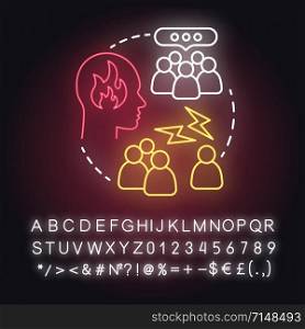 Failure to close partner neon light concept icon. Influence of public opinion on relationships idea. Glowing sign with alphabet, numbers and symbols. Vector isolated illustration