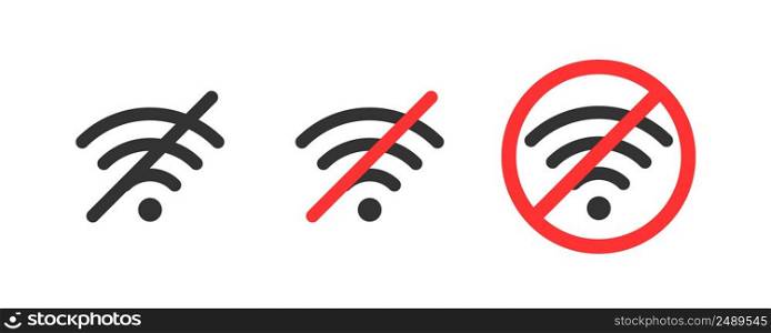 Failure wifi icon. Offline symbol. No Internet connection icon. Simple wifi signal sign. Disconnected wireless internet signal. Problem access. Vector illustration isolated on white background.. Failure wifi icon. Offline symbol. No Internet connection icon. Simple wifi signal sign. Disconnected wireless internet signal. Problem access. Vector illustration isolated on white background
