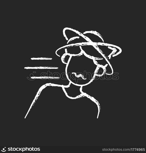 Fainting chalk white icon on dark background. Man losing consciousness from sunstroke. Head spinning as heatstroke symptom. Dizziness from stress. Isolated vector chalkboard illustration on black. Fainting chalk white icon on dark background