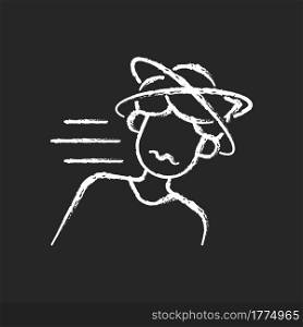Fainting chalk white icon on dark background. Man losing consciousness from sunstroke. Head spinning as heatstroke symptom. Dizziness from stress. Isolated vector chalkboard illustration on black. Fainting chalk white icon on dark background