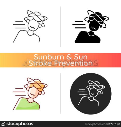 Fainting icon. Man losing consciousness from sunstroke. Head spinning as heatstroke symptom. Dizziness from stress. Linear black and RGB color styles. Isolated vector illustrations. Fainting icon