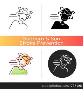Fainting icon. Man losing consciousness from sunstroke. Head spinning as heatstroke symptom. Dizziness from stress. Linear black and RGB color styles. Isolated vector illustrations. Fainting icon
